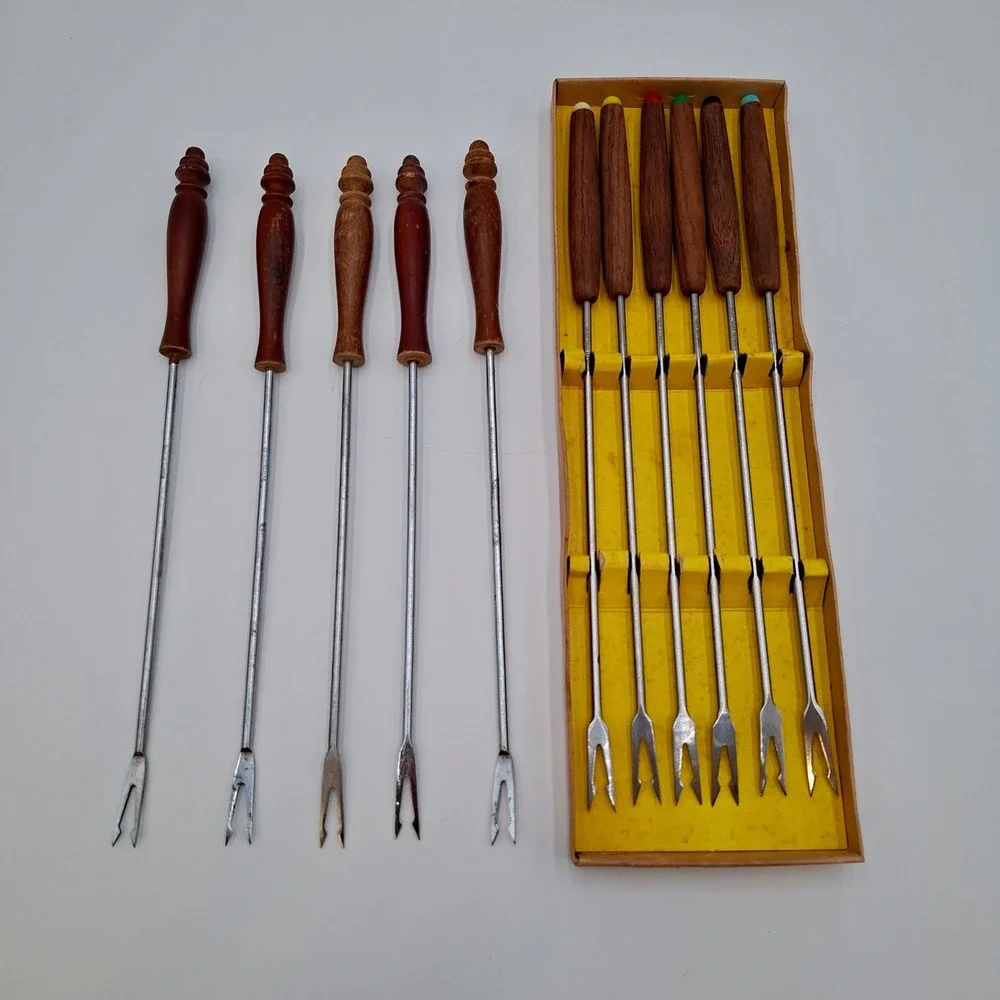 Vintage Set 11 Fondue Forks Stainless Steel Wood Handles Japan Taiwan MCM w/Box